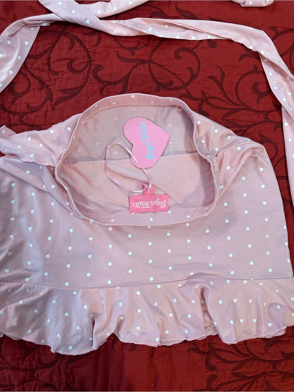 Sugar Thrillz Pink Polka Dot Wrap Crop Top & Ruffle Skirt Set - Picture 4 of 7